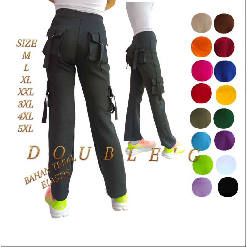 ND3 DUBLE'G SPORT Celana Senam Cargo Kantong empat/Celana Olahraga Wanita Panjang Strec Pinggang