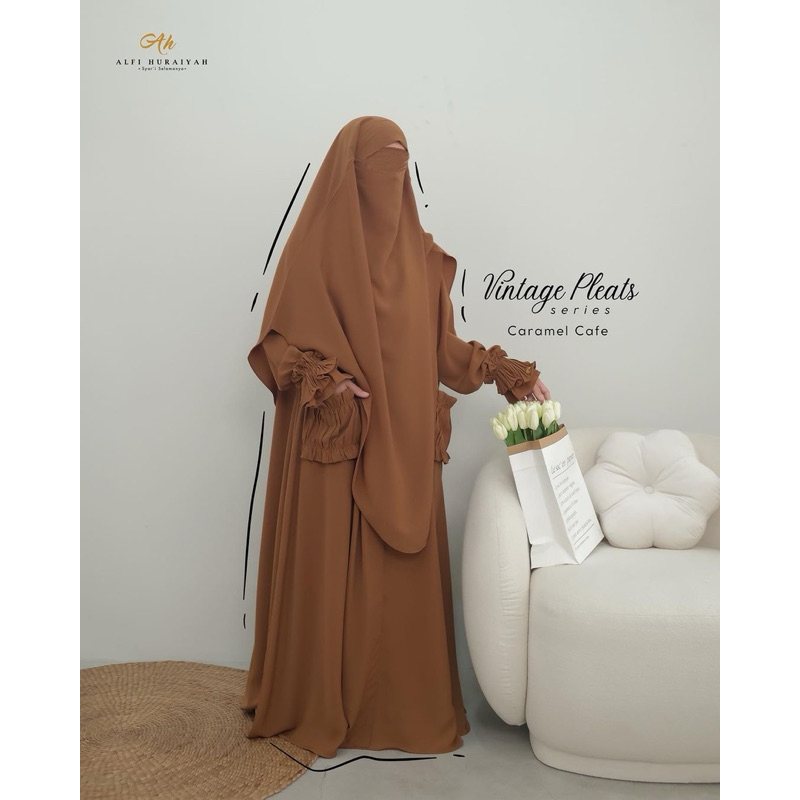 SET Setelan Gamis Caramel Abaya Vintage Pleats Ori Alfi Huraiyah Fk French Khimar Cadar Instan 2 lay