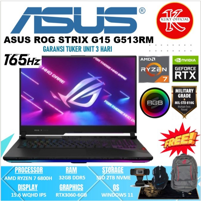 Laptop Gaming ASUS ROG STRIX G15 G513RM AMD RYZEN 7 6800H RTX3060-6GB 165HZ WQHD PKRGB Eclipse Grey