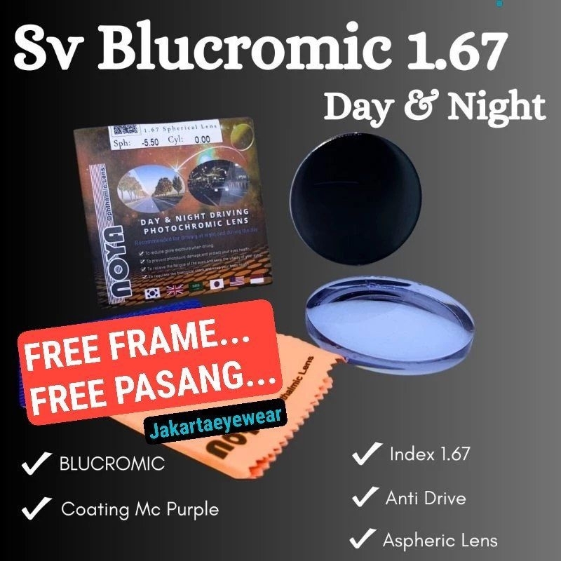 FREE FRAME FREE PASANG - Lensa Noya Hi Index 1.67 Bluechromic Drive Blucromic Night Vision Bluecromi