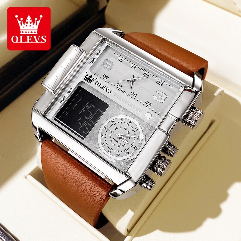 OLEVS Jam Tangan Pria Arloji Cowok Original Anti Air Tali Kulit Analog Digital Multifungsi Men Watch