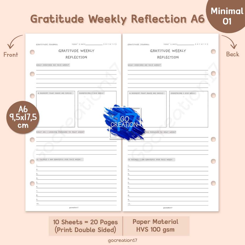 

Buku Planner Refill Kertas Isi Binder Gratitude Weekly Reflection Simple Minimalis A6