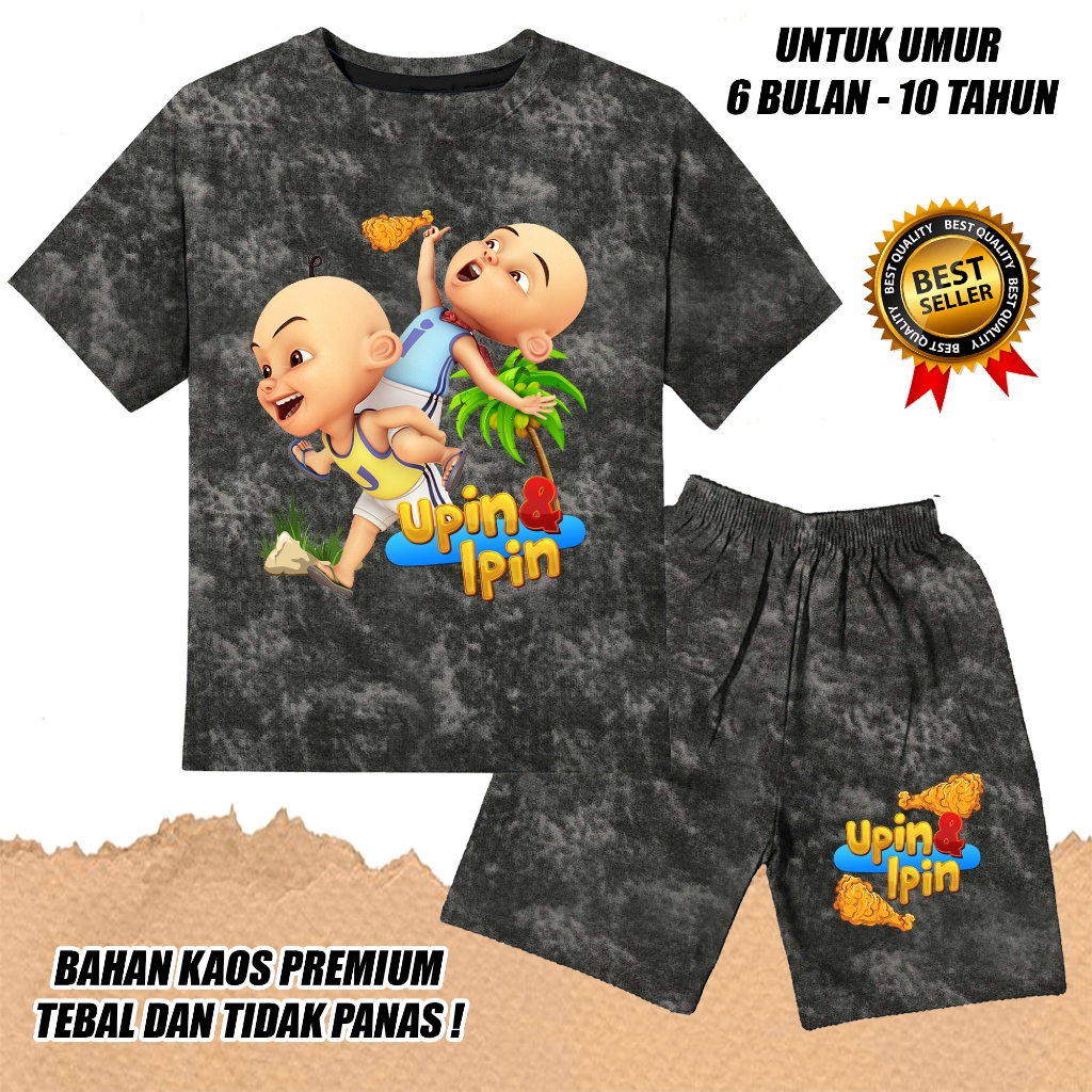 setelan denim jeans printing lengan pendek anak laki laki perempuan katun dtf upin ipin ayam goreng