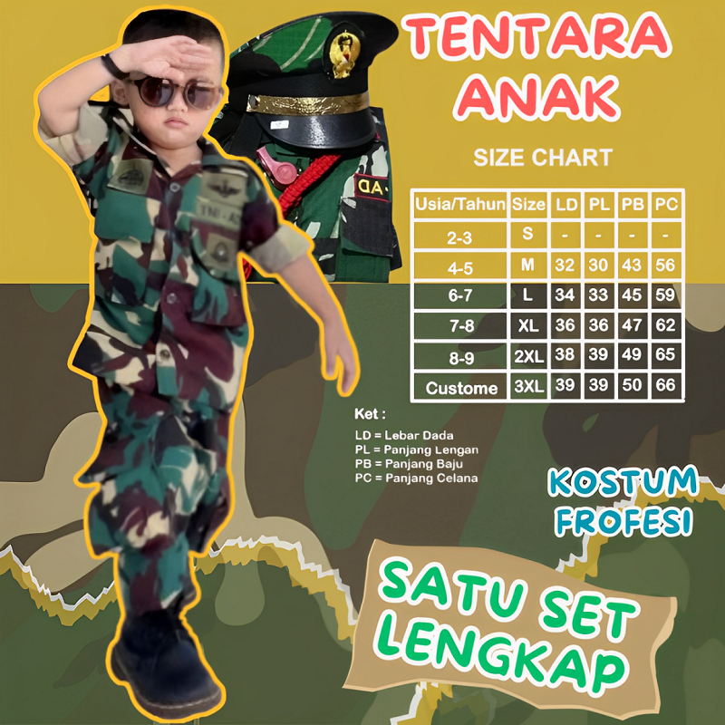 bnm omstore56-Baju tentara anak laki laki/baju pdl loreng tni ad anak usia 2-8 tahun size