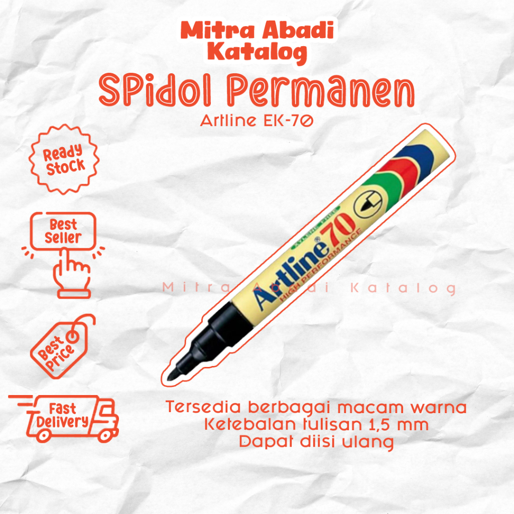 

(1 PCS) SPIDOL PERMANEN ARTLINE EK-70 / 1,5 MM MARKER DAPAT DI ISI ULANG TINTA SPIDOL SEPIDOL EK70 WARNA HITAM BIRU MERAH HIJAU COKLAT ORANGE UNGU KUNING PINK BIRU MUDA MITRA ABADI KATALOG JOGJA