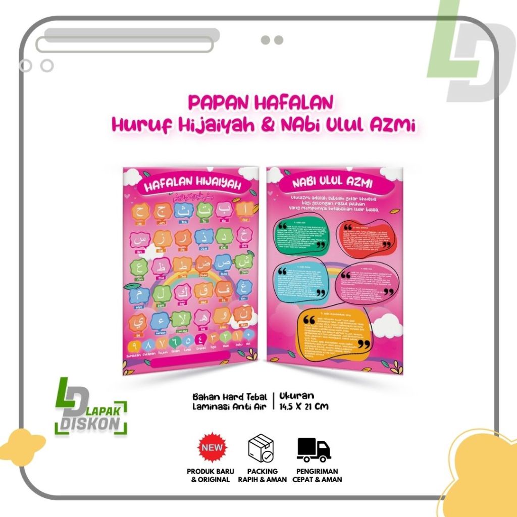 

Table Papan Hafalan Custom + Nama Huruf Hijaiyah & Ulul Azmi Bahan Hard Tebal Laminasi Anti Air, Depan Belakang ( Merah Jambu )