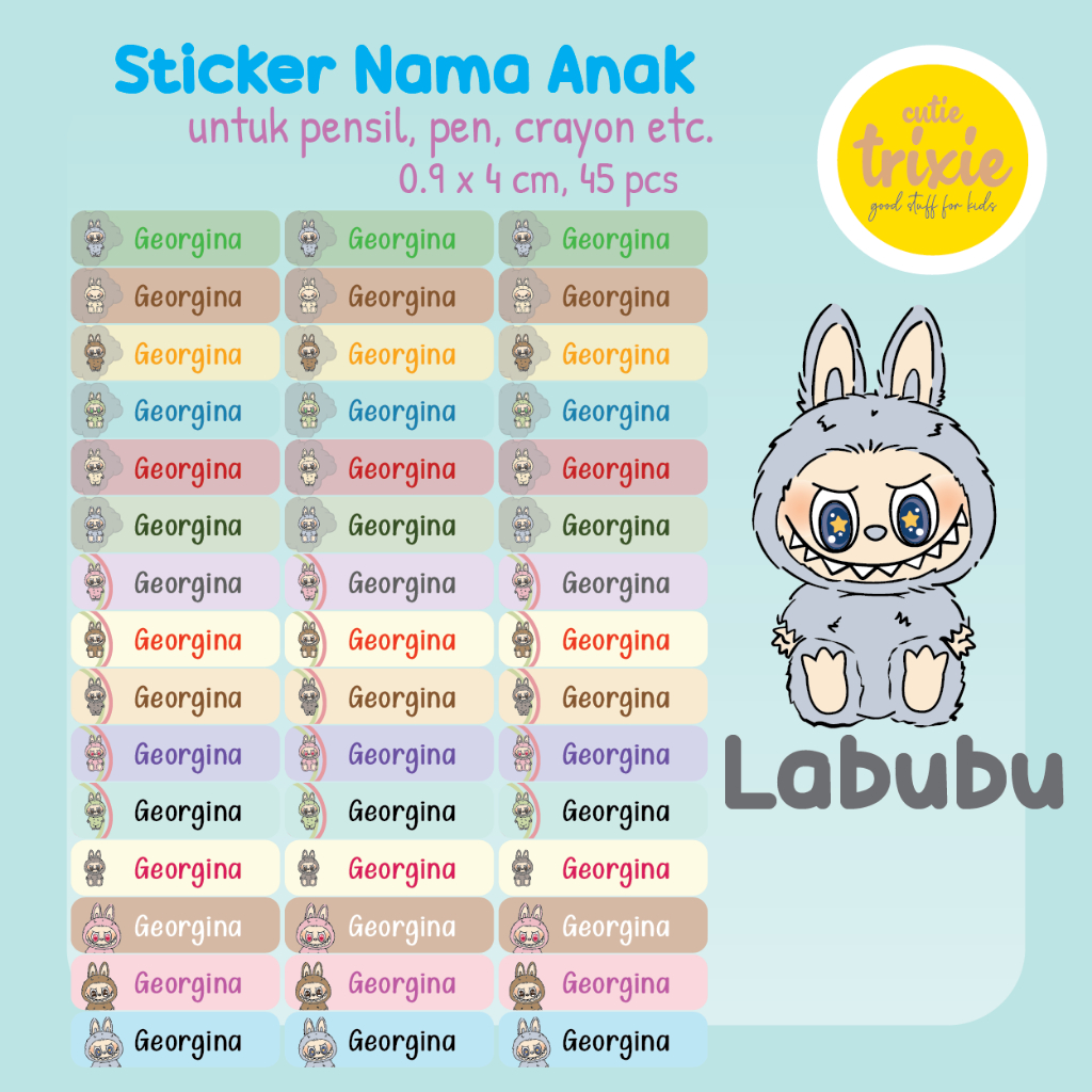 

Sticker label nama anak untuk pensil pen crayon Labubu