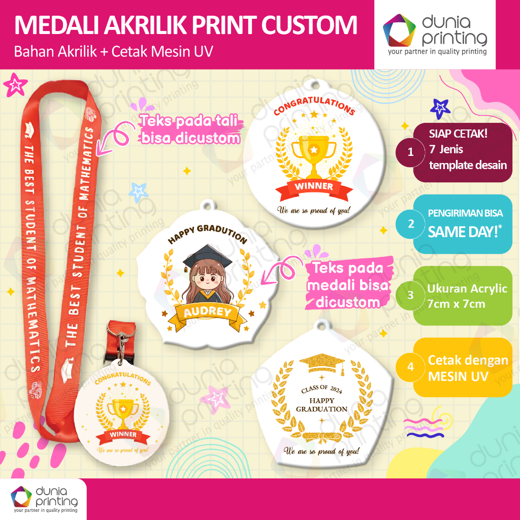 Medali Custom Cetak UV 1 Sisi / 2 Sisi | Medali Wisuda | Medali Graduation Medali | Medali Custom Ak