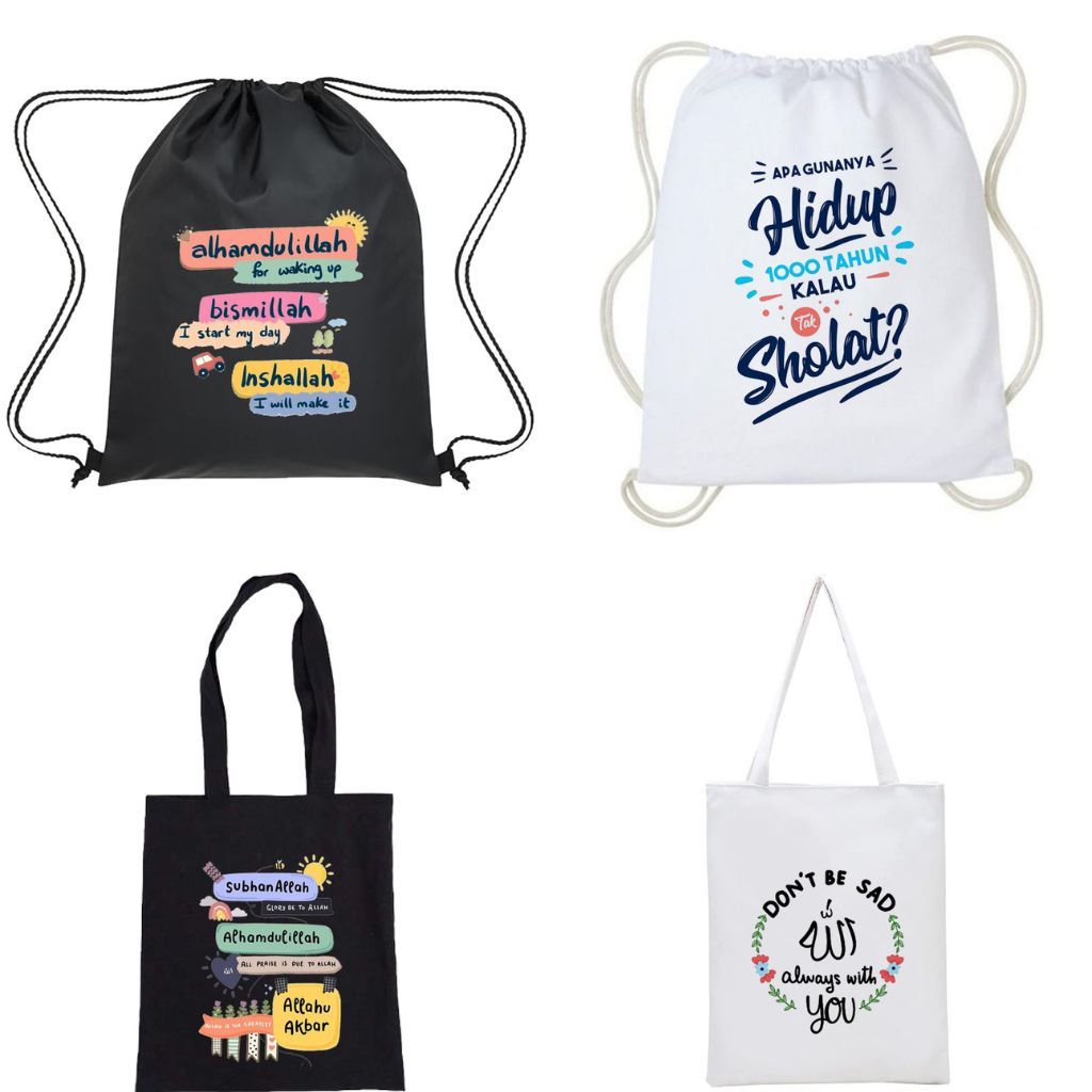 Totebag Tas Serut Quotes Islami Aesthetic String Bag Kanvas Wanita Tas Ngaji Sekolah Anak Hitam