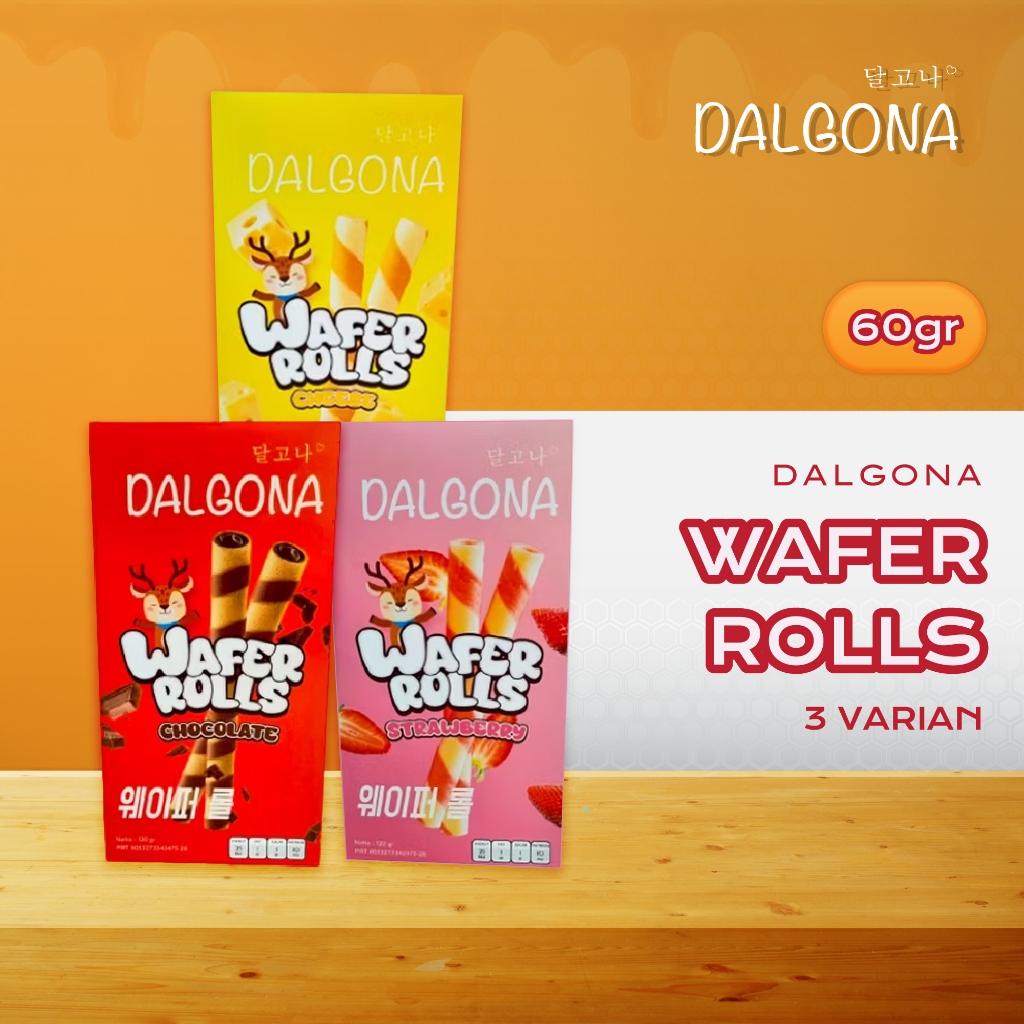 

Dalgona Wafer Rolls 3 Variant - Rasa Coklat, Rasa Keju, Rasa Strawberry 168gr