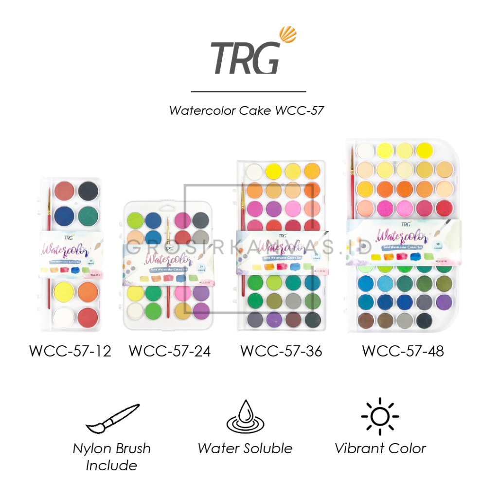 

Grosir TRG Watercolor Cake Set WCC-57 12 24 36 48 Warna - Solid Water Color Cakes Cat Air Watercolour TRG