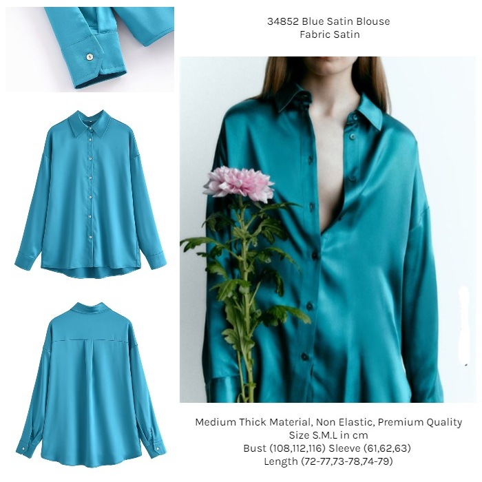 34852 Kemeja Biru Wanita Oversize Jumbo Blue Satin Blouse
