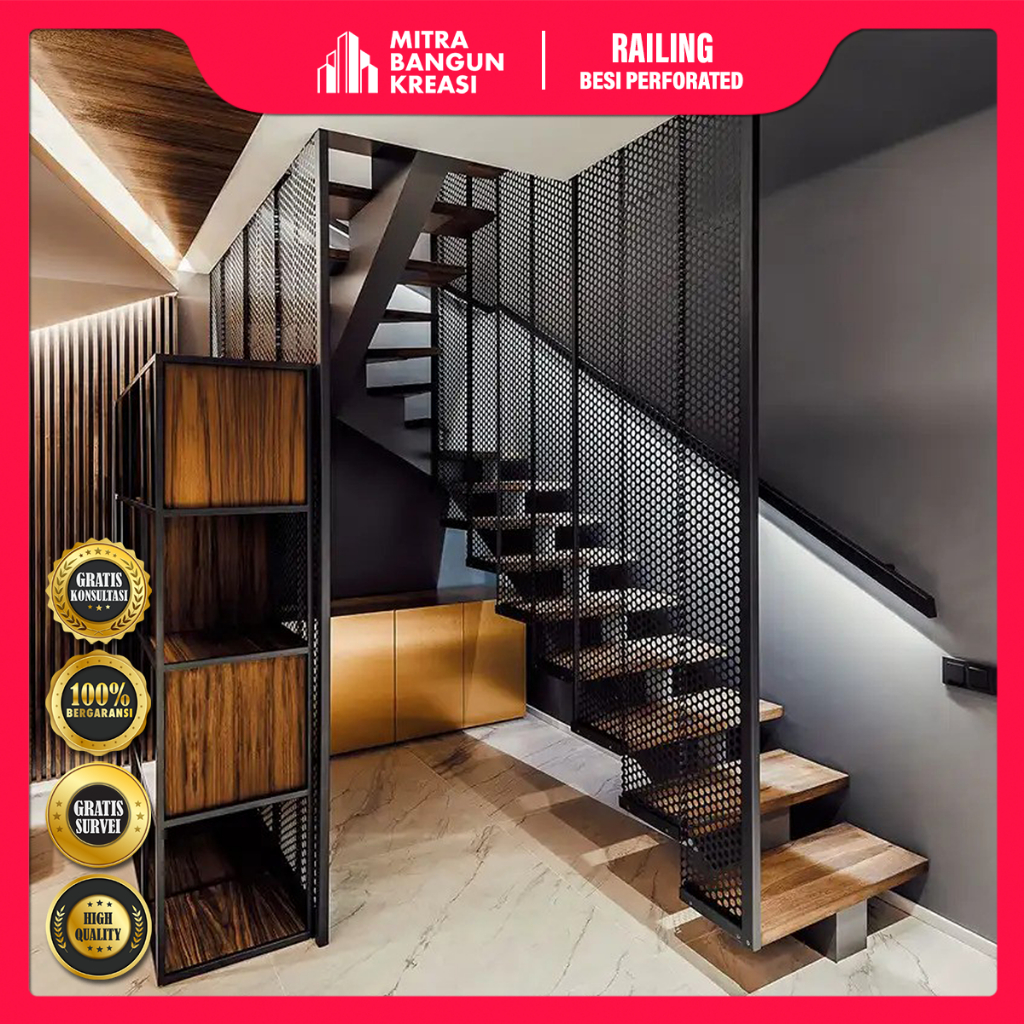 Railing Tangga Balkon Besi Plat Perforated Industrial Modern [MR006]