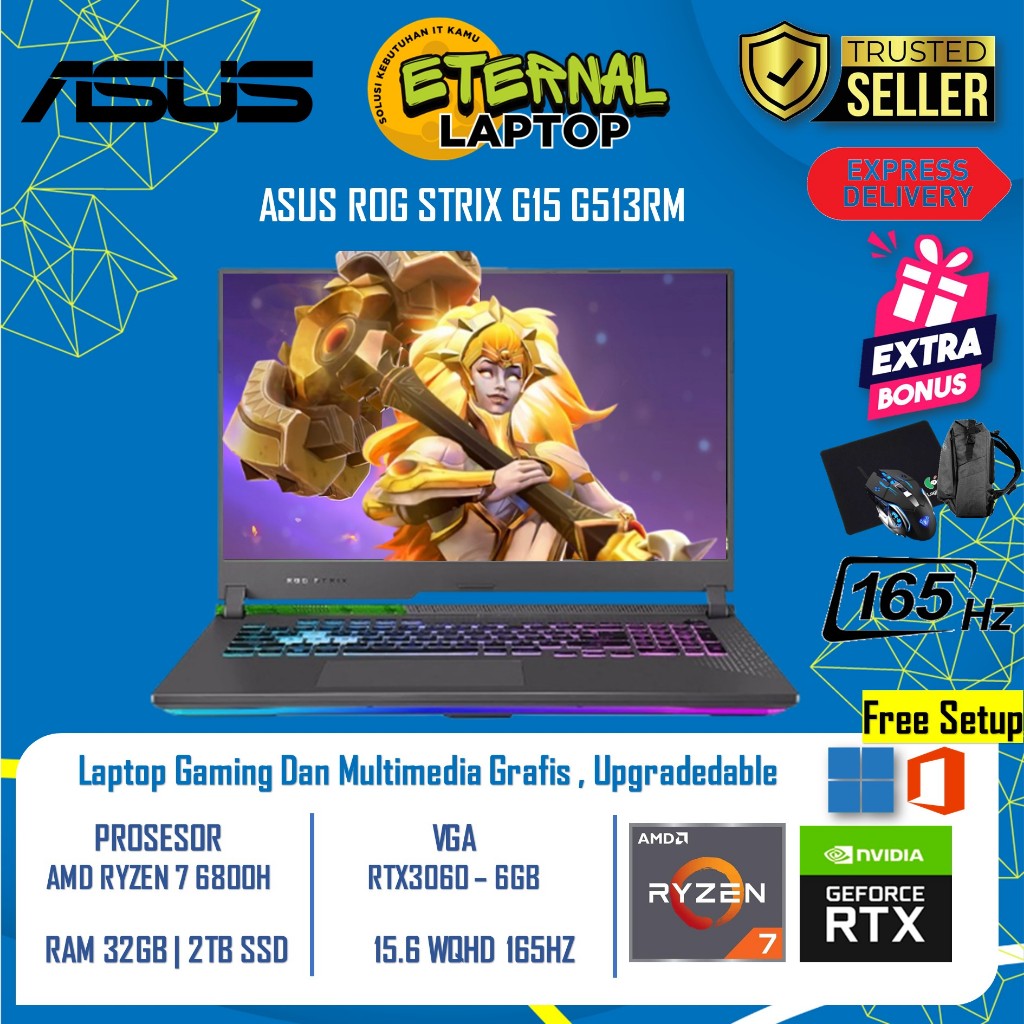 ASUS ROG STRIX G15 G513RM AMD RYZEN 7 6800H RTX3060 - 6GB Ram 64GB 1TB SSD WQHD 165HZ