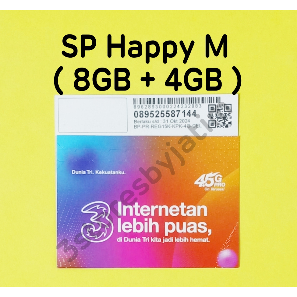Perdana Kuota Data 3 / Three / Tri Happy ( M ) 8GB + 4GB TOTAL 12GB