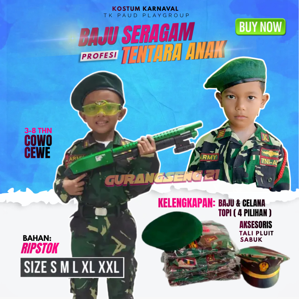 baju tentara anak laki laki dan perempuan/Tni Ad anak/abri anak/Paket Komplit/pluit talikur ikat pin