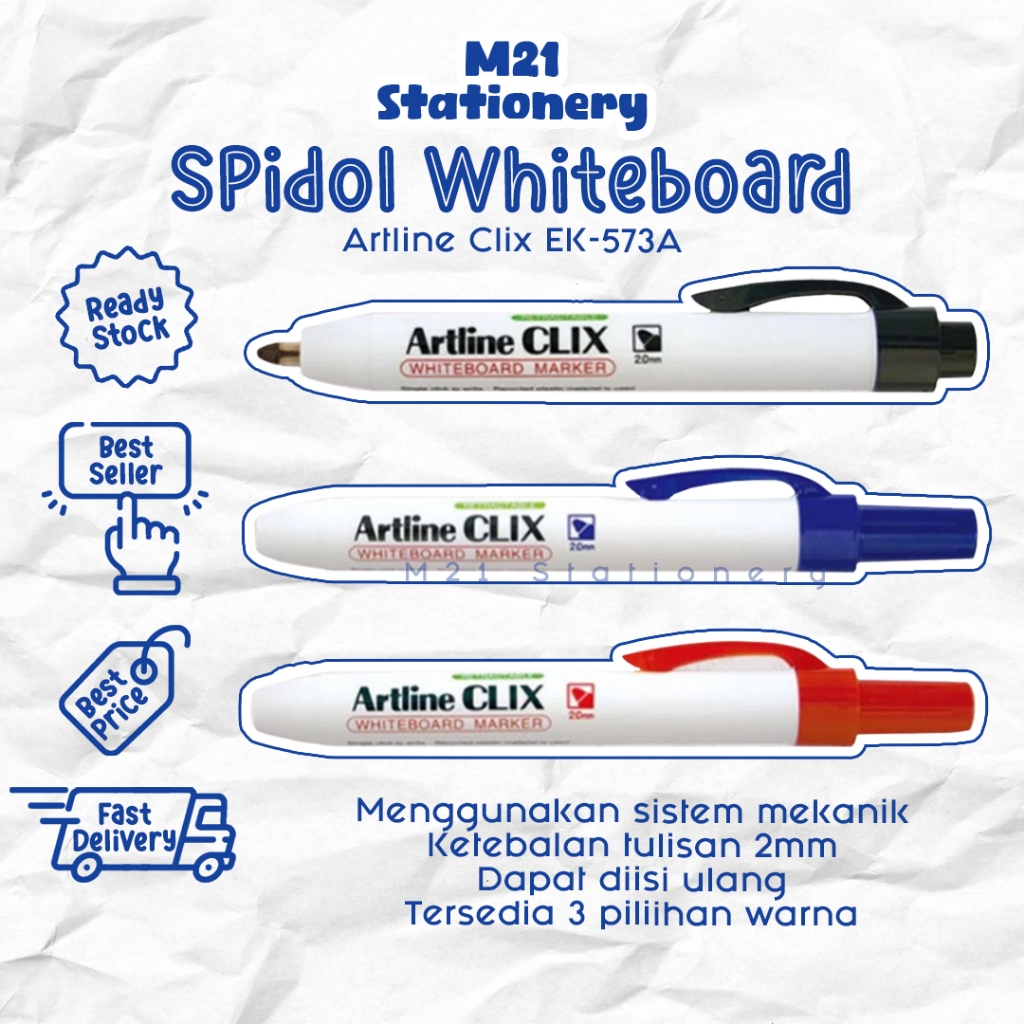

(1 PCS) SPIDOL ARTLINE CLIX EK-573A / SPIDOL WHITEBOARD ARTLINE EK573A TEBAL 2 MM ORIGINAL MEKANIK SEPIDOL MARKER BISA DIISI ULANG PAPAN TULIS PUTIH WHITE BOARD TINTA HITAM MERAH BIRU / M21 STATIONERY JOGJA
