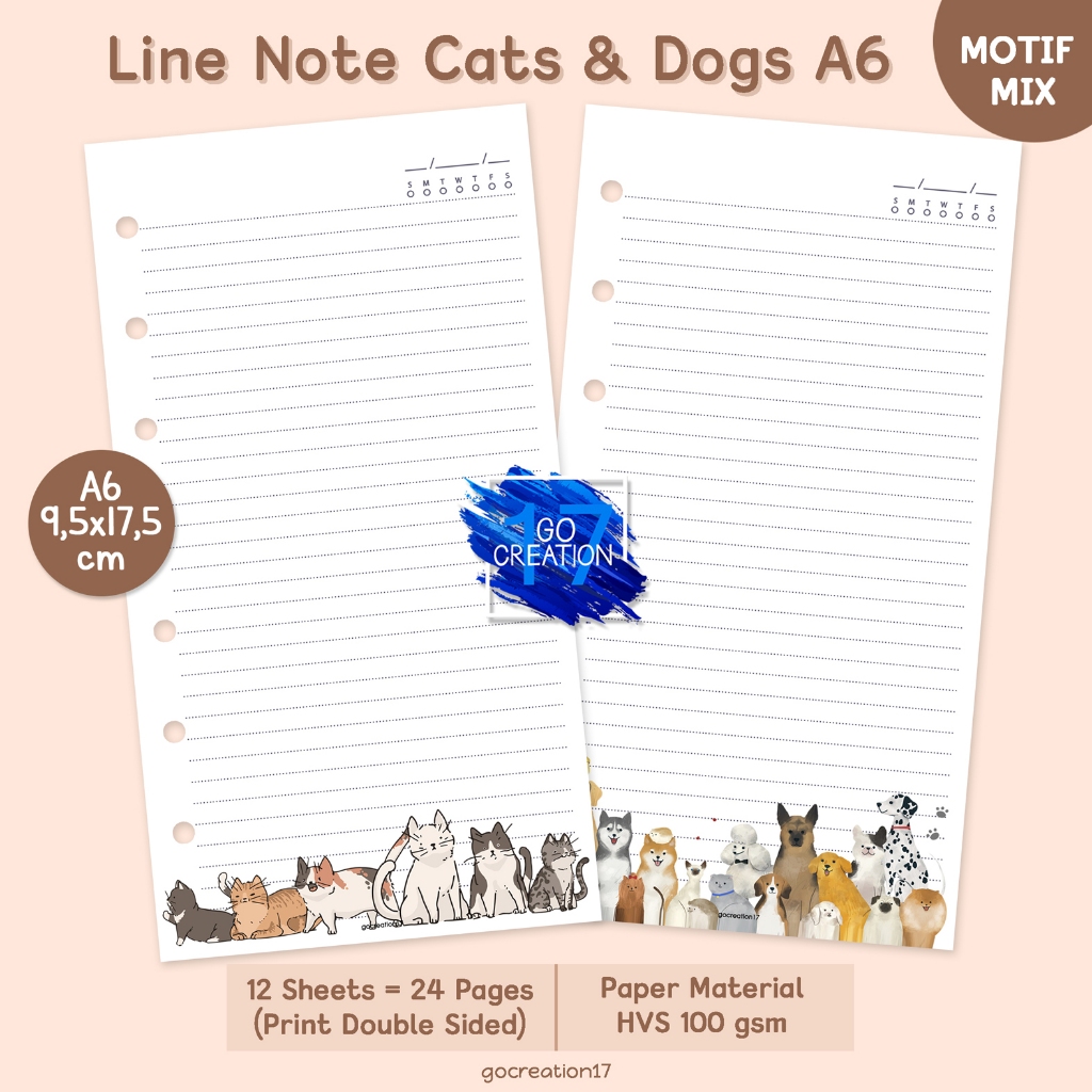 

Buku Planner Refill Kertas Binder Line Note Garis Cats and Dogs Motif Premium A6
