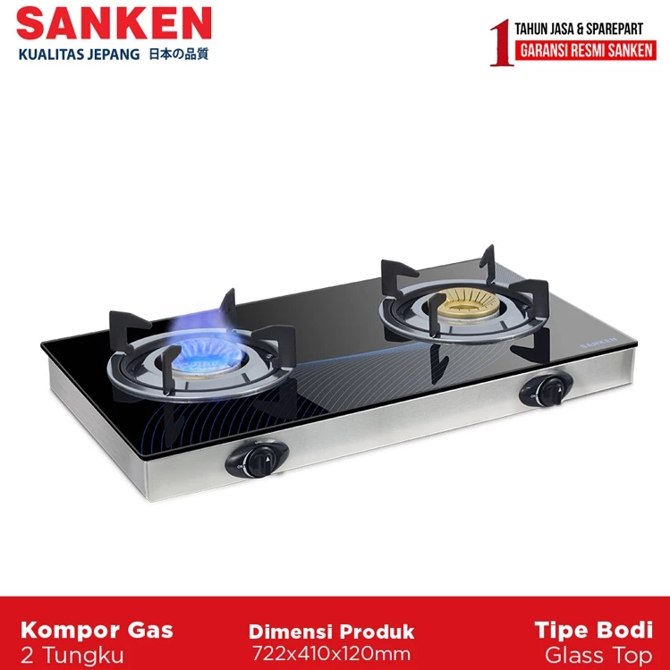 Sanken SG363 Kompor Gas Tanam Kaca 2 Tungku BONUS Pan Supporter