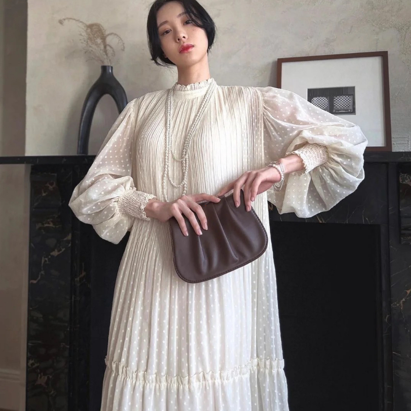 D3v Gaun Panjang Gaun Polka Dot Lengan Lentera Sedikit Berlipat Kerah Berdiri untuk Wanita Dress