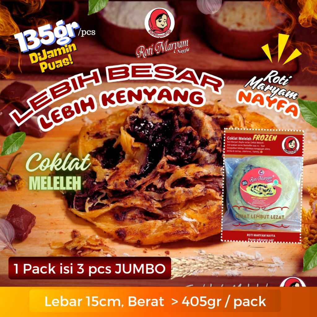 

Roti Maryam Nayfa JUMBO > COKLAT MELELEH, UKURAN JUMBO, LEBAR 15cm, berat diata 120gr / pcs. Coklat nya ga bikin eneg dan ga bikin gatal kerongkongam. Roti Tradisional yang Lembut Lezat.