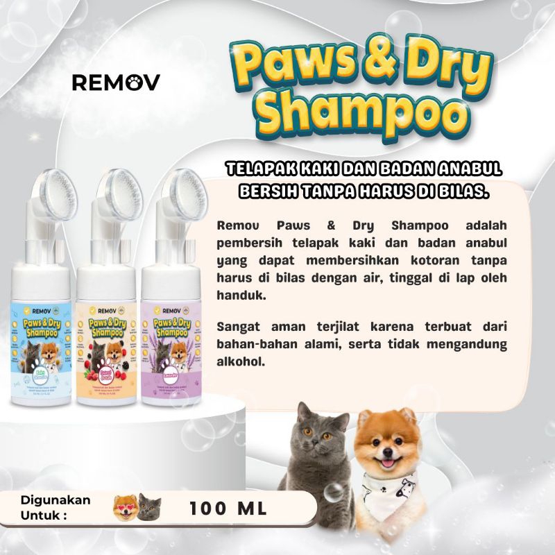 REMOM PAWS & DRY SHAMPO 100ml Dry Shampoo Kucing Anjing Pet Dry Sampo Grooming Kering Kucing Anjing 