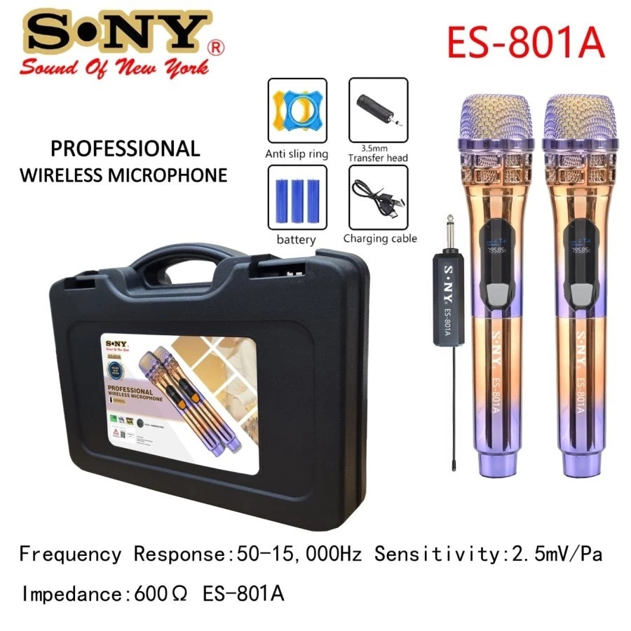 Mic SONY ES-801A UHF Microphone Charger Double Wireless Led Display/Koper