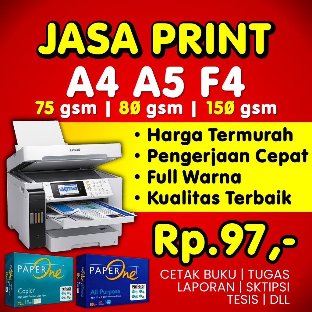 

JASA PRINT / CETAK BUKU CEPAT TERMURAH A5/A4/F4 75/80/150 gsm, DOKUMEN MAKALAH, PROPOSAL, SKRIPSI, TESIS, JURNAL, DLL