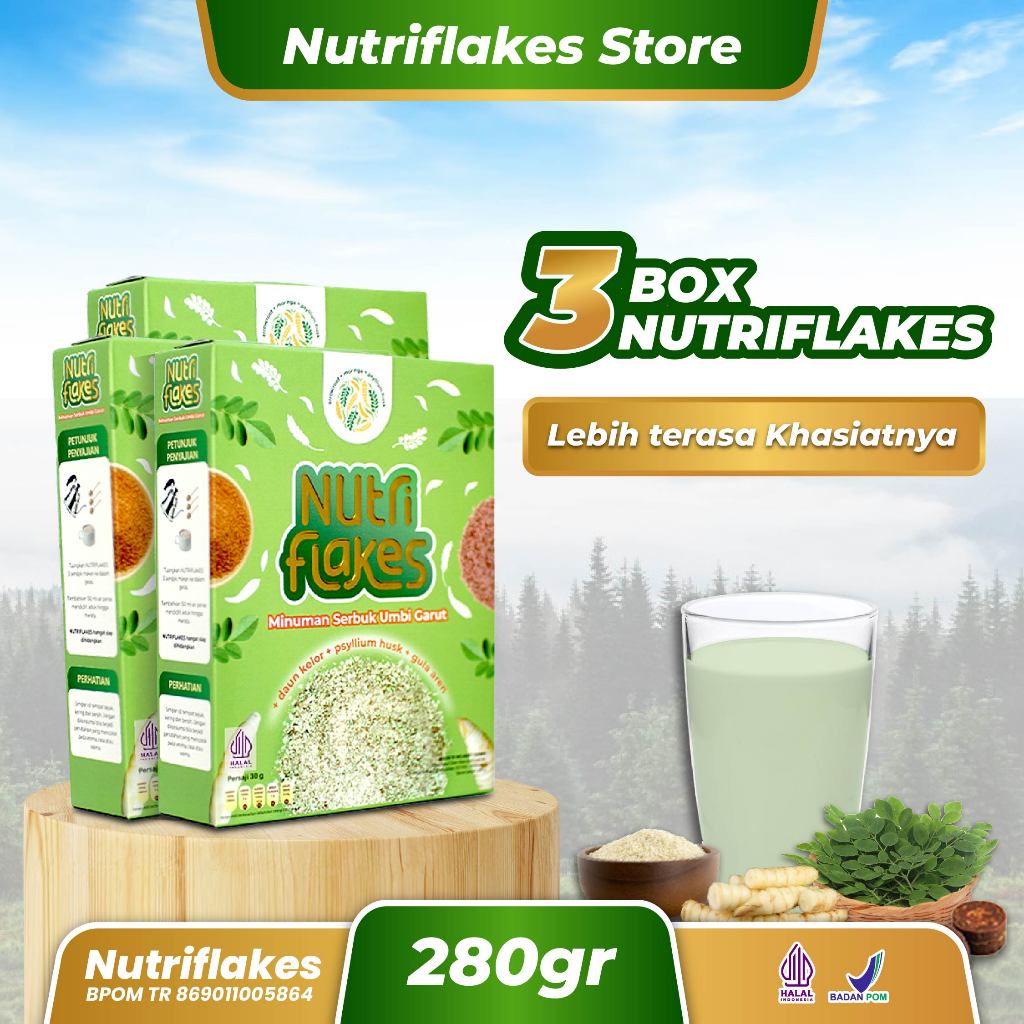 

3 BOX NUTRIFLAKES ORIGINAL Sereal Umbi Garut Penuh Serat Atasi Masalah Asam Lambung Gerd Maag