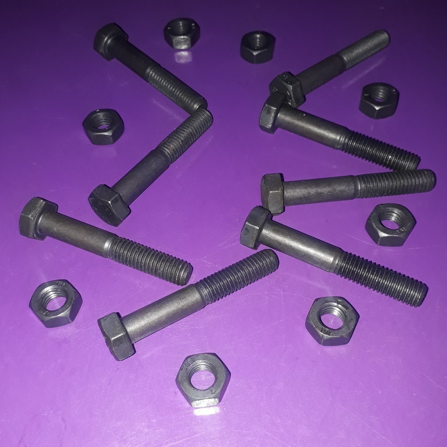 Baut + Mur Baja 3/8x2 /Hitam Baja/Baja Grade 8.8/(Per 10 Pcs)/Kunci 14