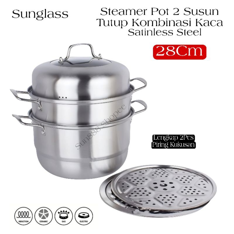 HOT SALE Sun888 Panci 2 Susun 3 Steamer/Kukusan Cookware Stainless 28cm dengan Kombinasi Tutup Kaca