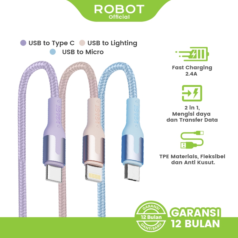 ROBOT Kabel Data RTM RTL RTC 1M Original Fast Charging 2.4A Type-C Micro Lightning – Kabel Charger d
