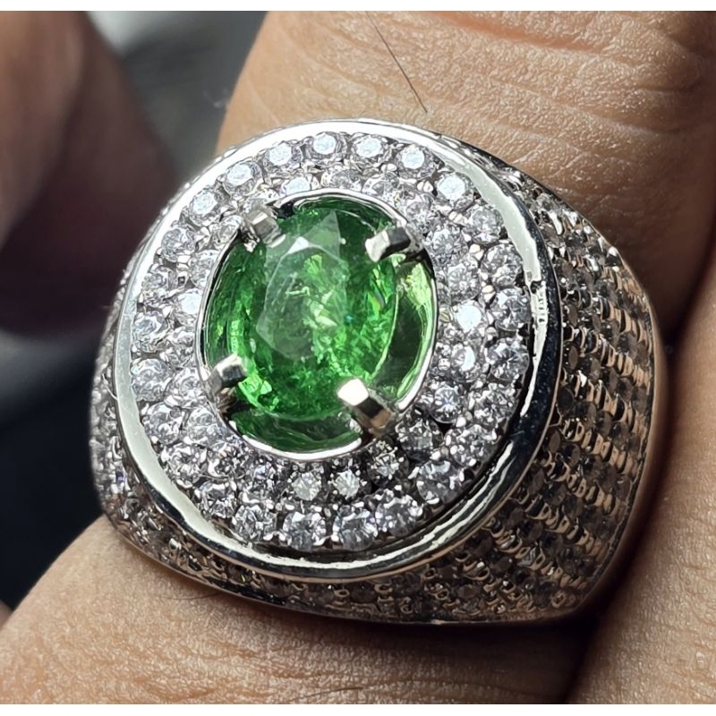 Natural Green Tsavorite Garnet Ring Silver Microsetting plus Memo