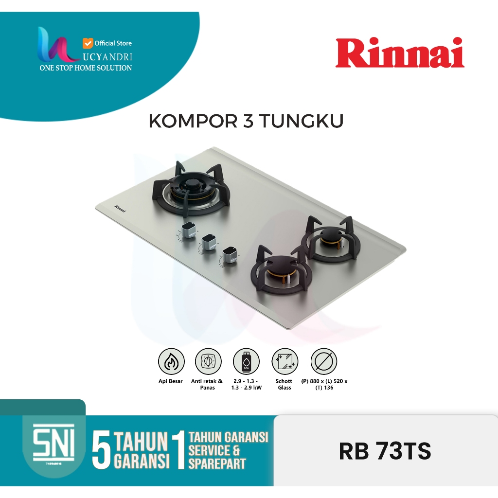 Kompor Tanam Rinnai RB 73 TS / Kompor Tanam 3 Tungku Rinnai Stainless