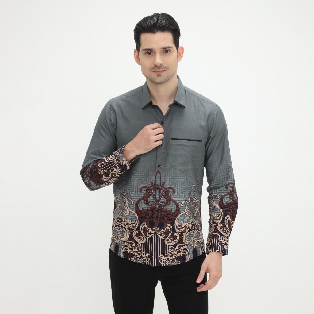 LUIGI RICCIO Kemeja Batik Pria Modern Regular Grey Series Casual Kerja Kantor Seragaman Couple Sampa
