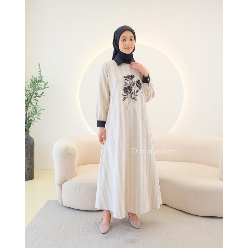 Gamis Mewah Bordir Premium Linen Bulu Kuda Import | Dress Wanita Premium | Gamis Wanita Premium