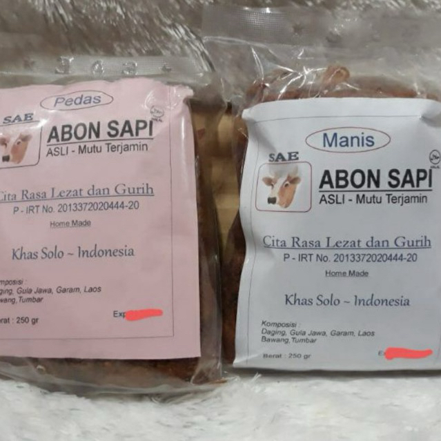 

Abon Sapi Pedas / Manis Merk SAE Kemasan 250gr Oleh Oleh Solo