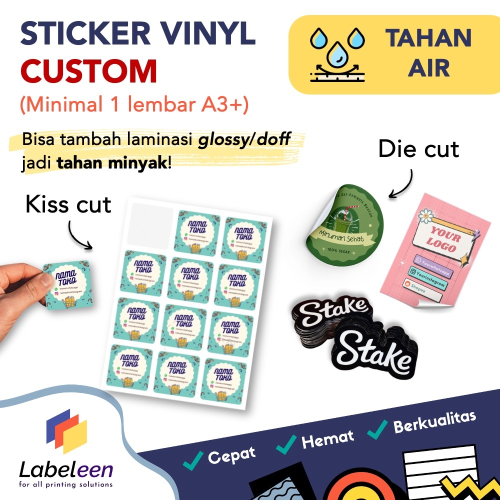 

Cetak Stiker Vinyl A3+ Custom | Print Sticker Tahan Air Kiss Cut Die Cut [HARGA PER LEMBAR]
