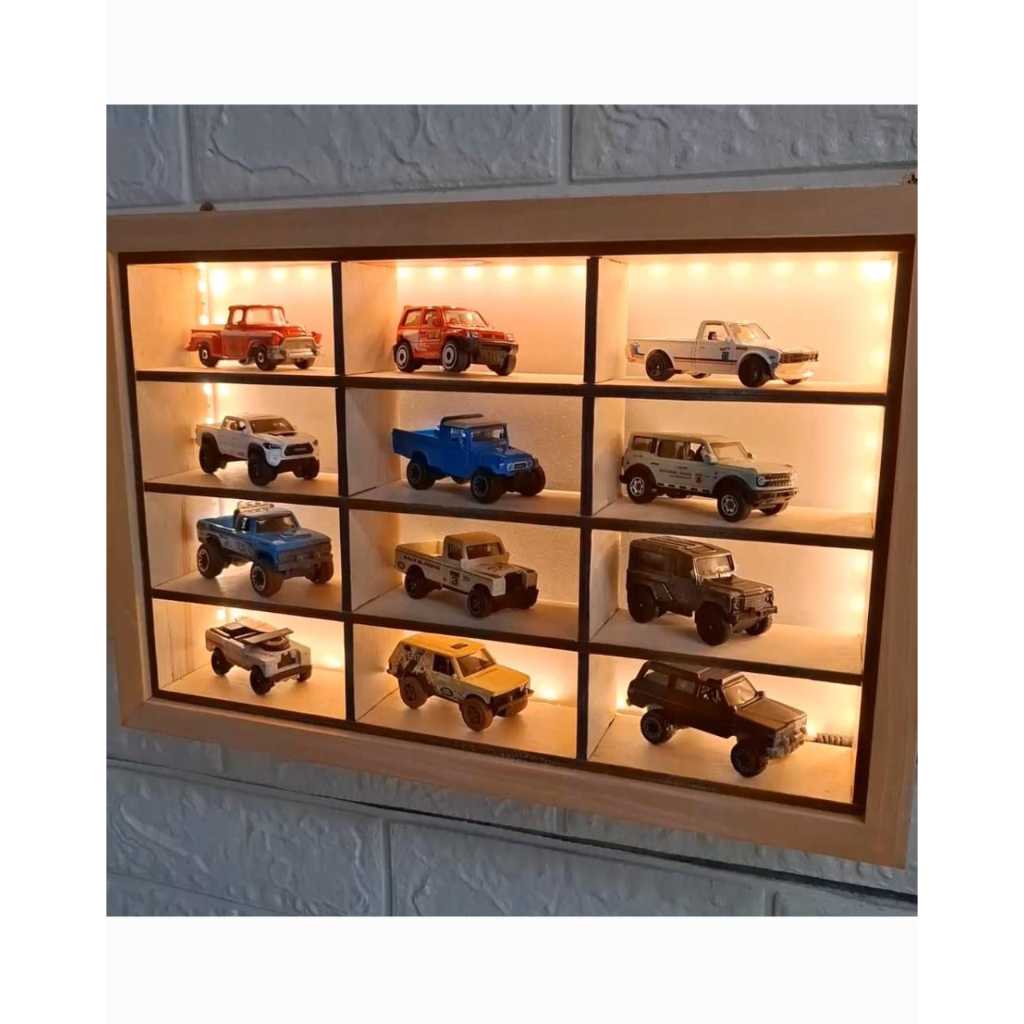 Rak Diecast Hotwheels Kayu Kombinasi Lampu LED