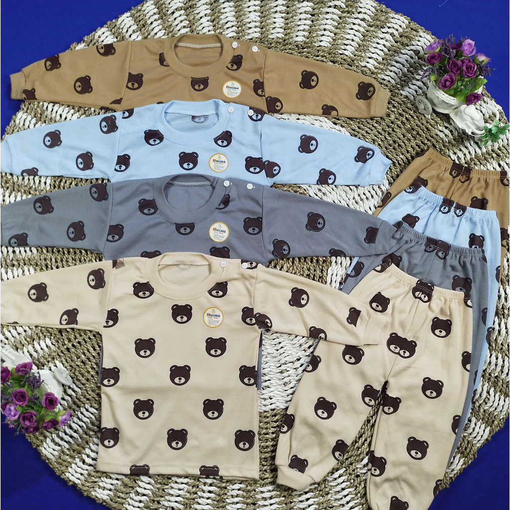 HHH Baju Bayi Lucu Isi 4 Setelan Panjang Oblong Motif kepala beruang 3 - 16 Bulan