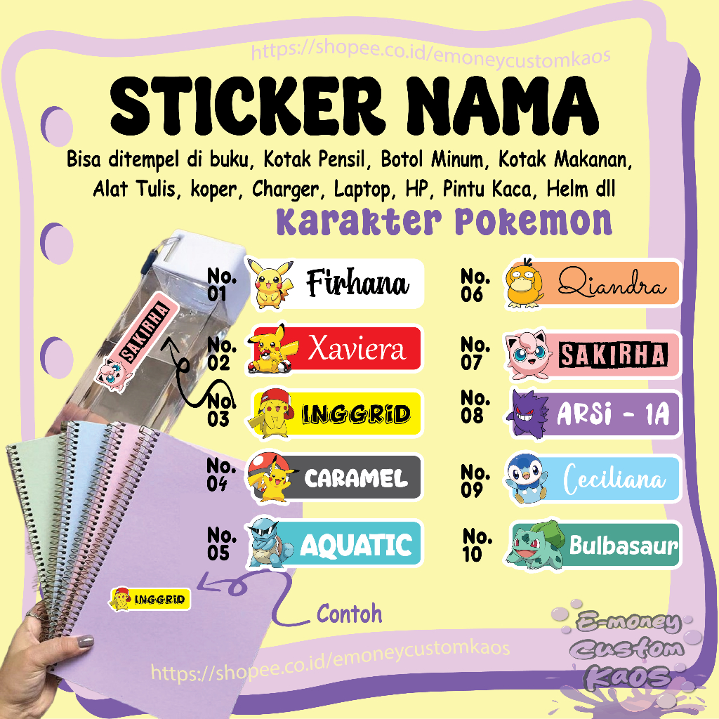 

STICKER LABEL NAMA POKEMON PIKACHU PSYDUCK BEBEK LUCU STIKER CUSTOM LEBEL PREMIUM MURAH CUTE BISA TEMPEL DI BUKU KOTAK PENSIL HELM BOTOL MINUM KOTAK MAKANAN ALAT TULIS KOPER LAPTOP HP PINTU KACA