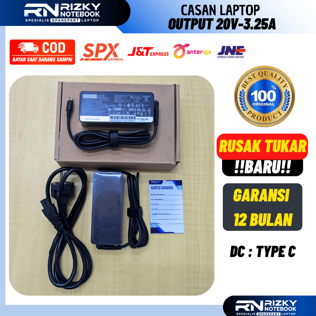 Charger Laptop T480 T480S T580 X280 X380 E480 E580 L380 L480 Adapter Type C 20V 3.25A 65W
