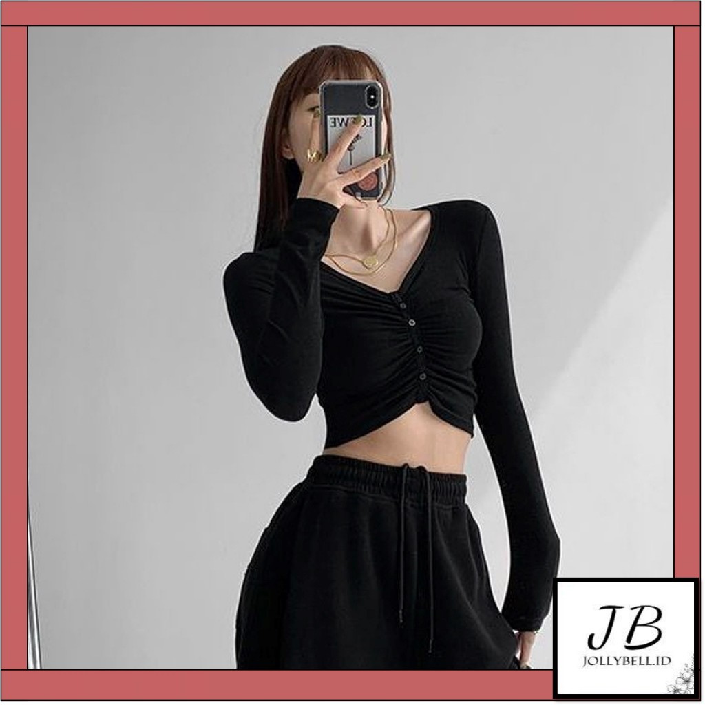 •Jollybell.id•BJ1691 Baju Atasan Kaos CropTop Knit Kancing Depan Serut Lengan Panjang Wanita Sexy Ko