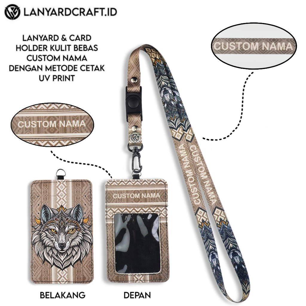 

V2 Id Card Holder Leather Custom + Lanyard Custom Nama Wolf Series Gantungan Tali Lanyard Holder Id Card Kulit UV Print