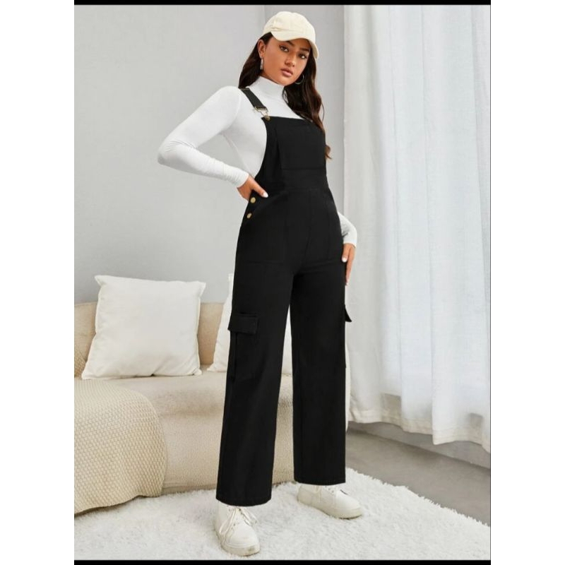 jumpsuit overall wanita retro panjang hitam dewasa