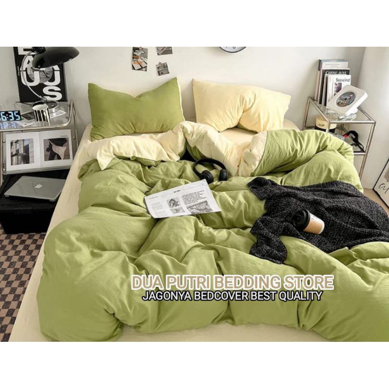 Two Tone Bedcover Sprei Crem x Hijau Sage Duaputri Katun Halus Lembut