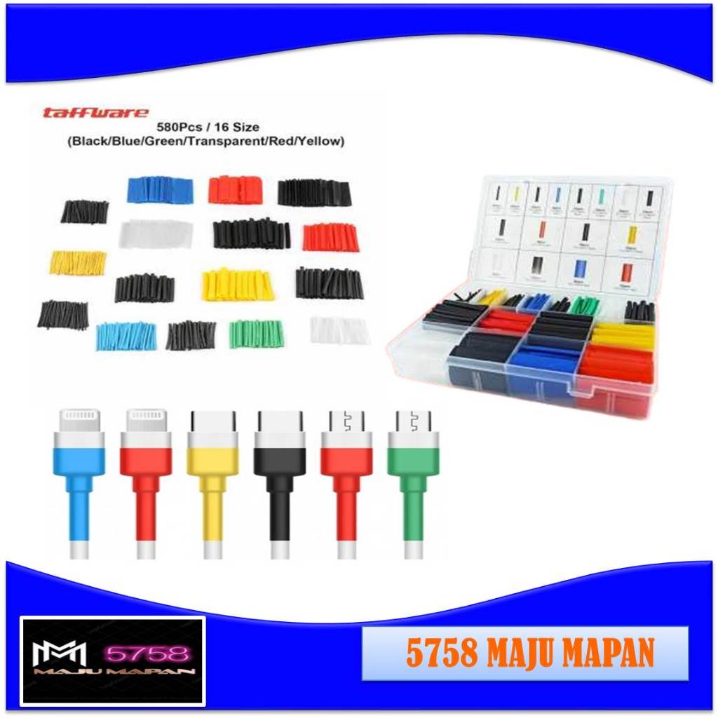 580Pcs Heat Shrink Selongsong Bakar Isolasi Kabel Heat Shrink Tube Isolasi Kabel Bakar Konektor Peny