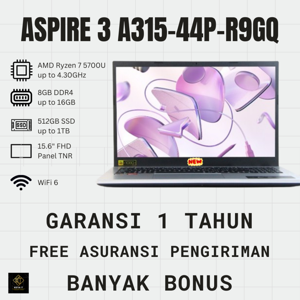 LAPTOP Acer Aspire 3 A315 -44P- R9GQ with AMD Ryzen 7 5700U RAM 8GB SSD 512GB