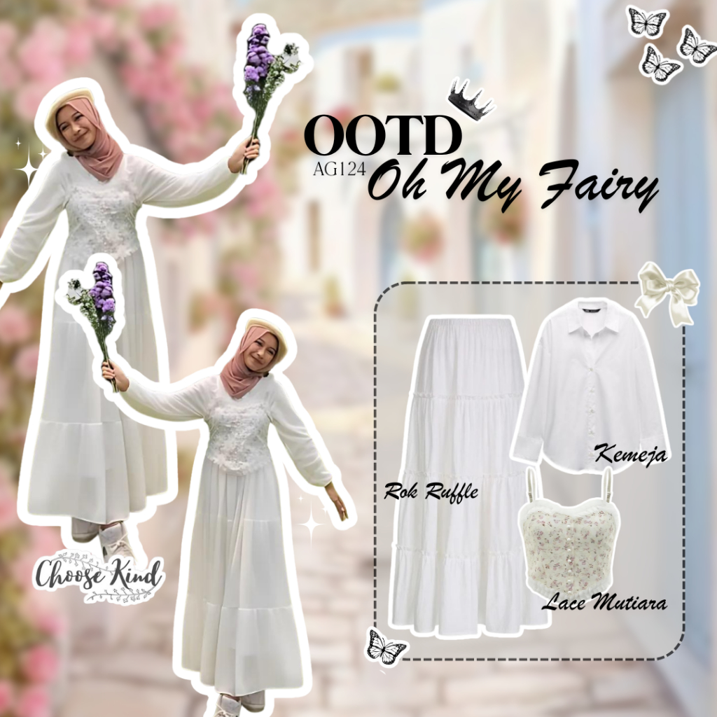Setelan Wanita Korean Style Kekinian OOTD Korean Style Lace Mutiara Set Kemeja PUtih Rok Ruffle Puti