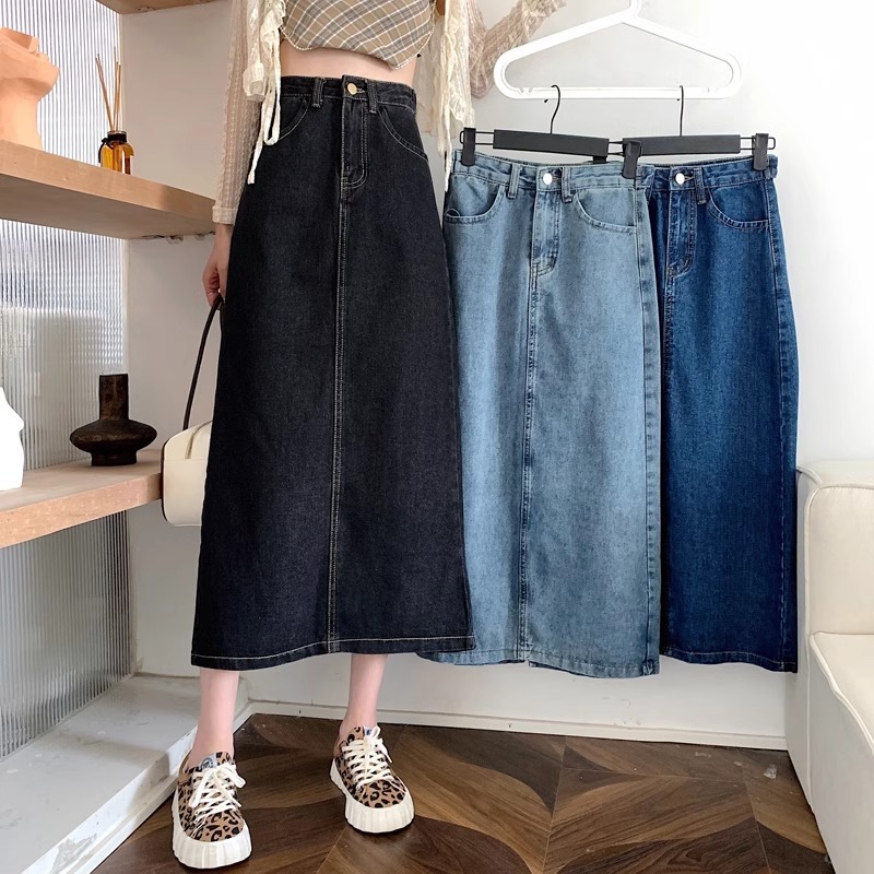 Rok denim highwaist Rok a-line denim ramping kasual hitam rok midi wanita